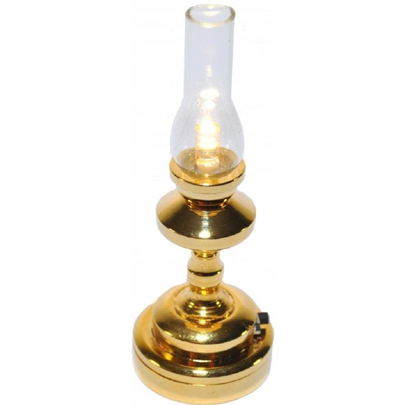 Dolls House Brass Hurricane Oil Lamp Clear Fluted Shade LED Battery Lighting 1:12