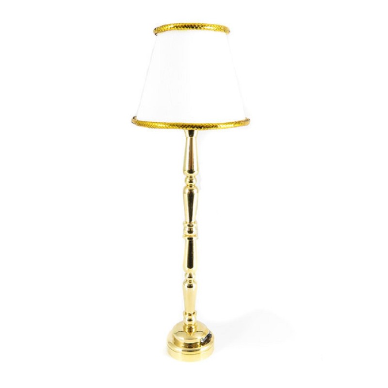 Dolls House Standard Lamp Brass with White Gold Edged Shade LED Battery Light 