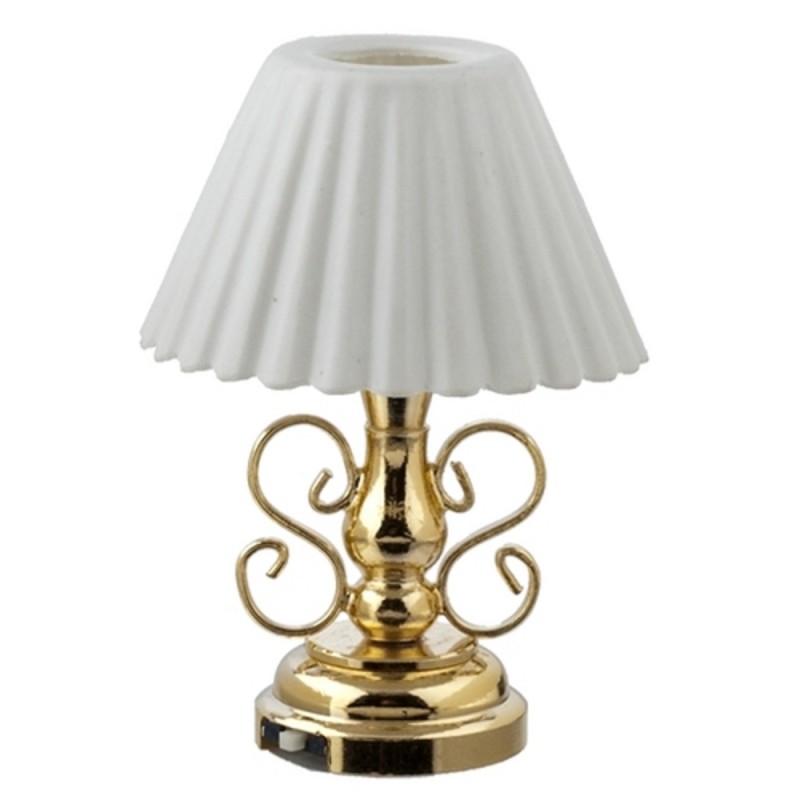 Dolls House Fancy Brass Table Lamp Pleated Shade LED Battery Miniature Lighting