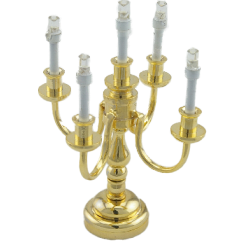 Dolls House Brass 5 Arm Candelabra Miniature Table Lamp LED Battery Light