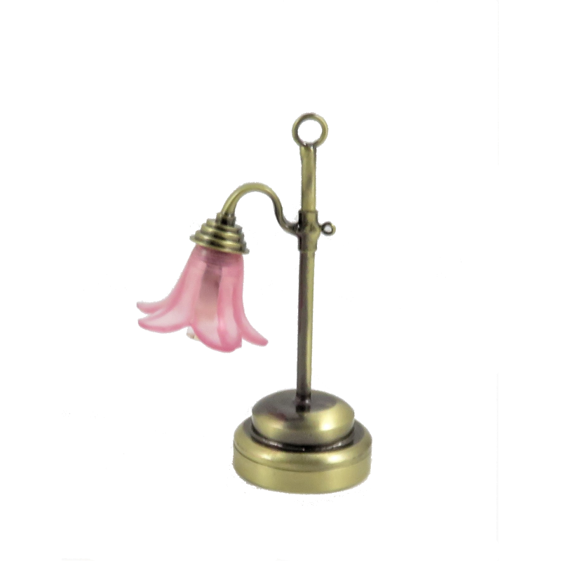 Dolls House Antique Gold Desk Lamp with Cranberry Pink Shade LED Battery Light 