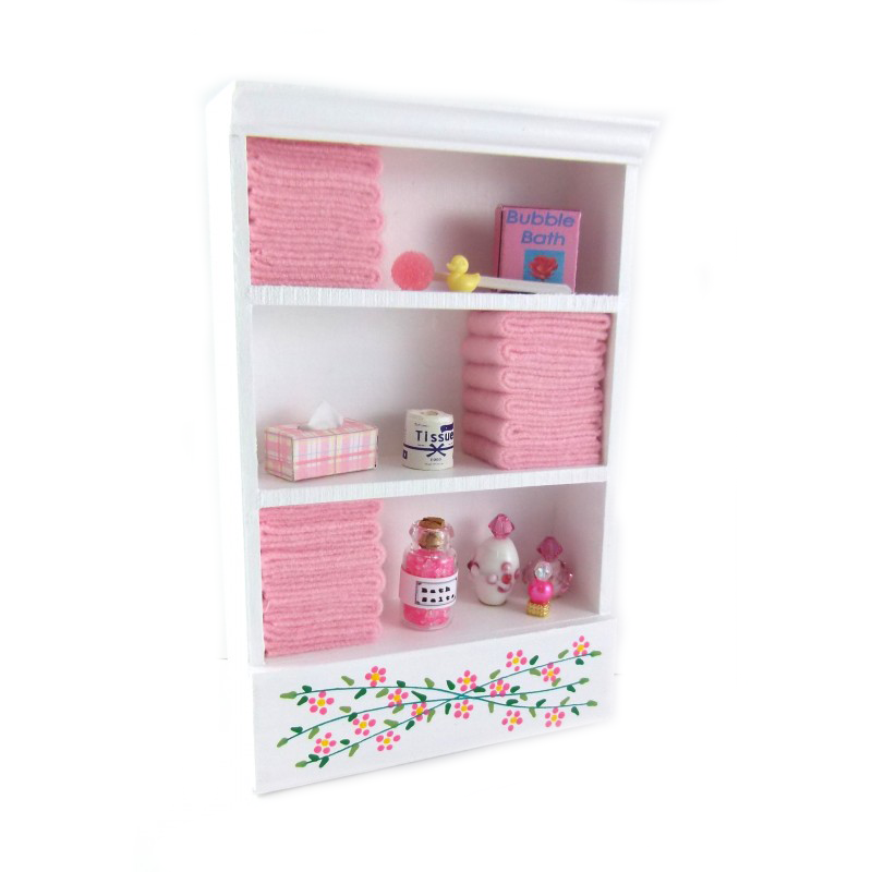 Dolls House Shelf Unit Pink Towels & Accessories Miniature Bathroom Furniture