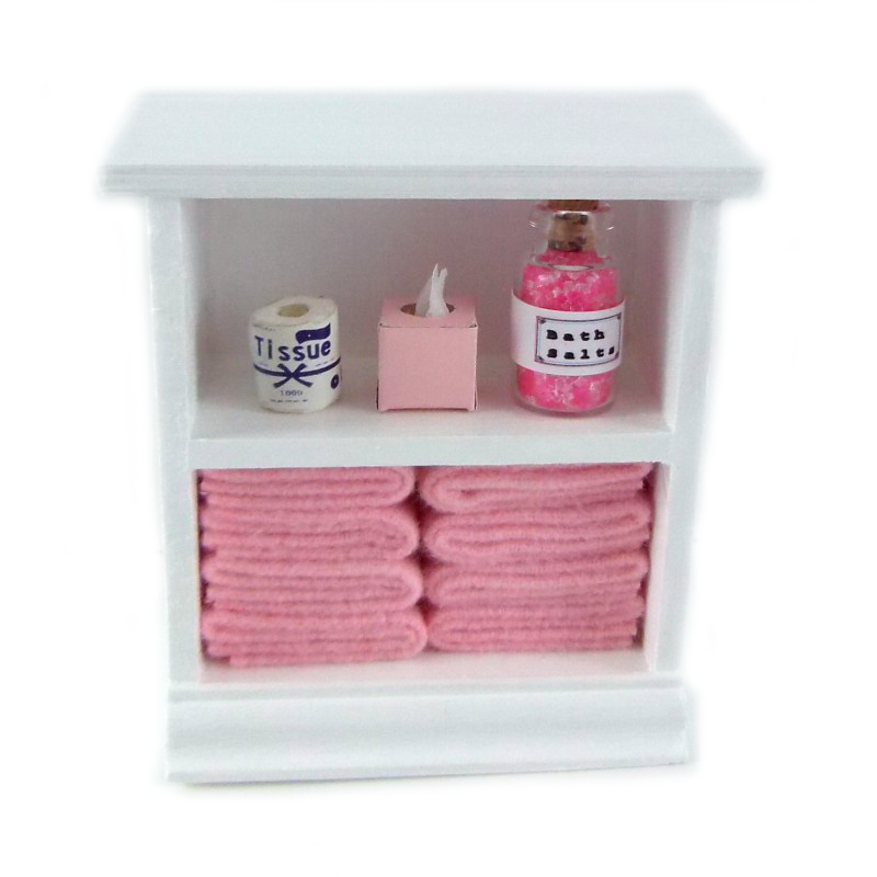 Dolls House Small Shelf Unit with Pink  Accessories Miniature Bathroom Furniture