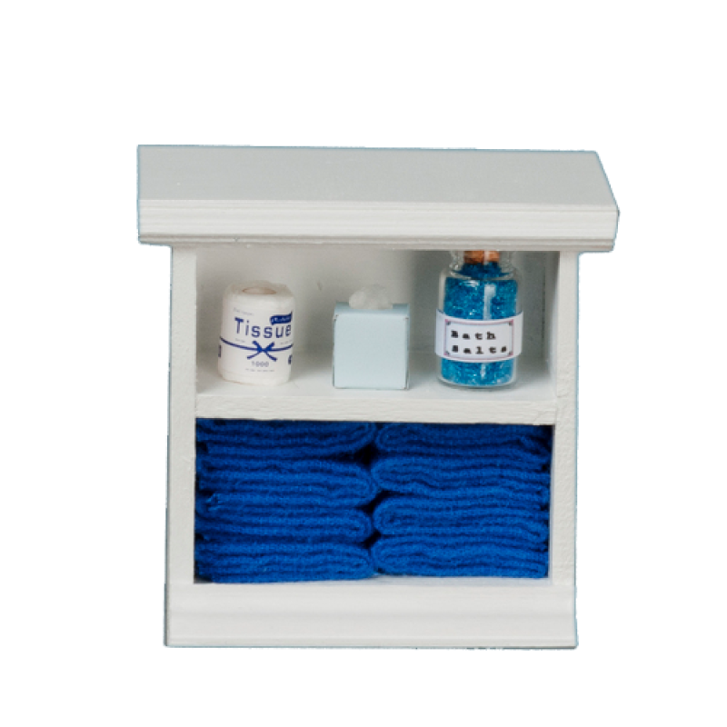 Dolls House Small Shelf Unit with Dark Blue Accessories Bathroom Furniture