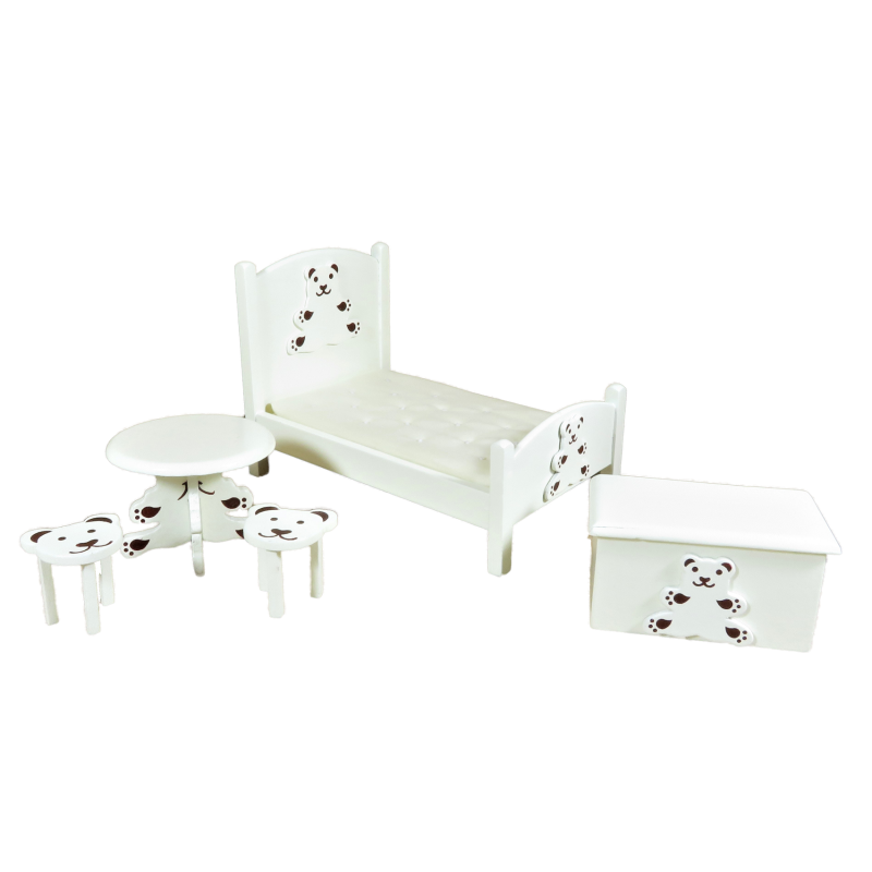 Dolls House Cream Teddy Bear Bedroom Nursery Furniture Set with Childs Bed