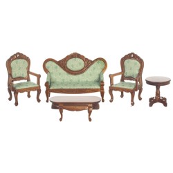 Dolls House Victorian Walnut & Green Living Room Furniture Set Miniature 1:12
