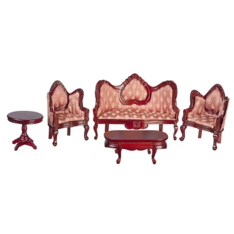 Dolls House Victorian Mahogany & Rose Miniature Living Room Furniture Set 