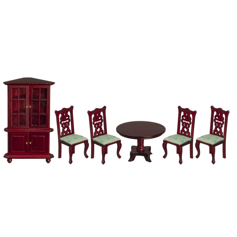 Dolls House Victorian Mahogany & Green Dining Room Furniture Set 1:12 Scale 6 Pc