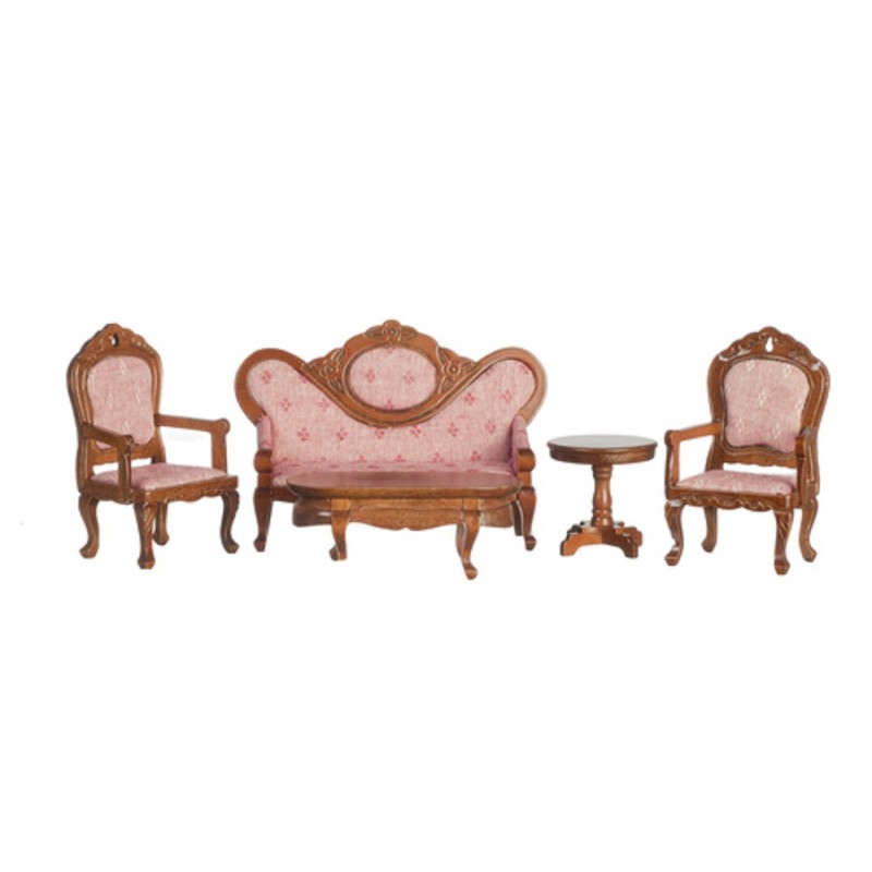 Dolls House Victorian Walnut & Pink Living Room Furniture Set 1:12 Miniature