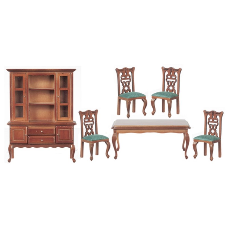 Dolls House Walnut & Green Dining Room Furniture Set with Dresser Table and Chairs