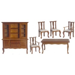 Dolls House Walnut Queen Ann Dining Room Furniture Set with Rectangular Table