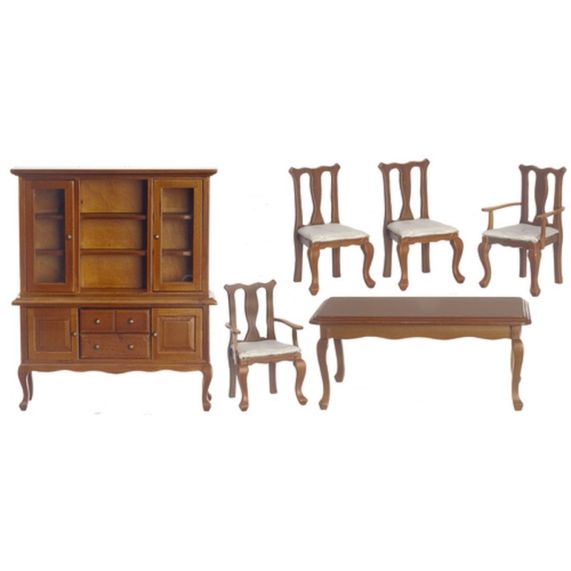 Dolls House Walnut Queen Ann Dining Room Furniture Set with Rectangular Table