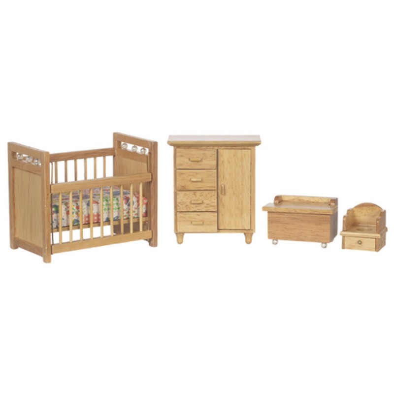 Dolls House Light Oak Nursery Furniture Set Miniature Baby Room 1:12 Scale