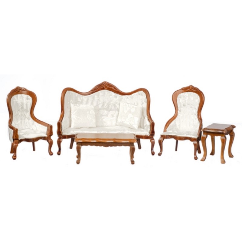 Dolls House Walnut & White Victorian Living Room Furniture Set 1:12 Scale