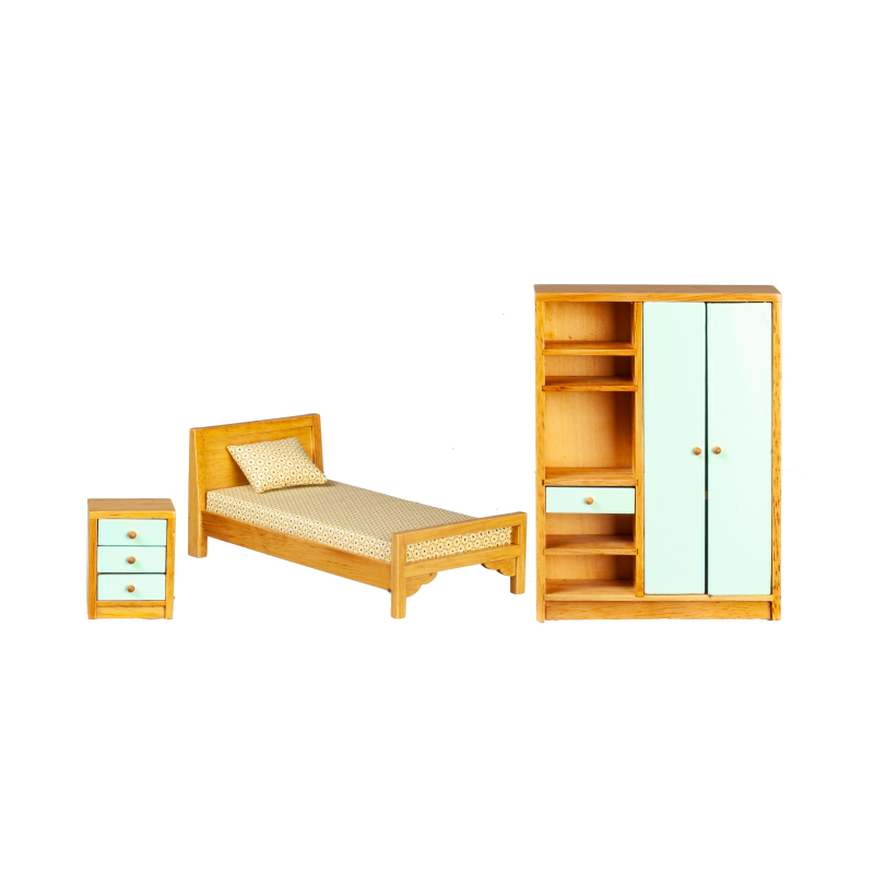 Dolls House Blue and Teak Wooden Bedroom Furniture Set With Single Bed 1:12