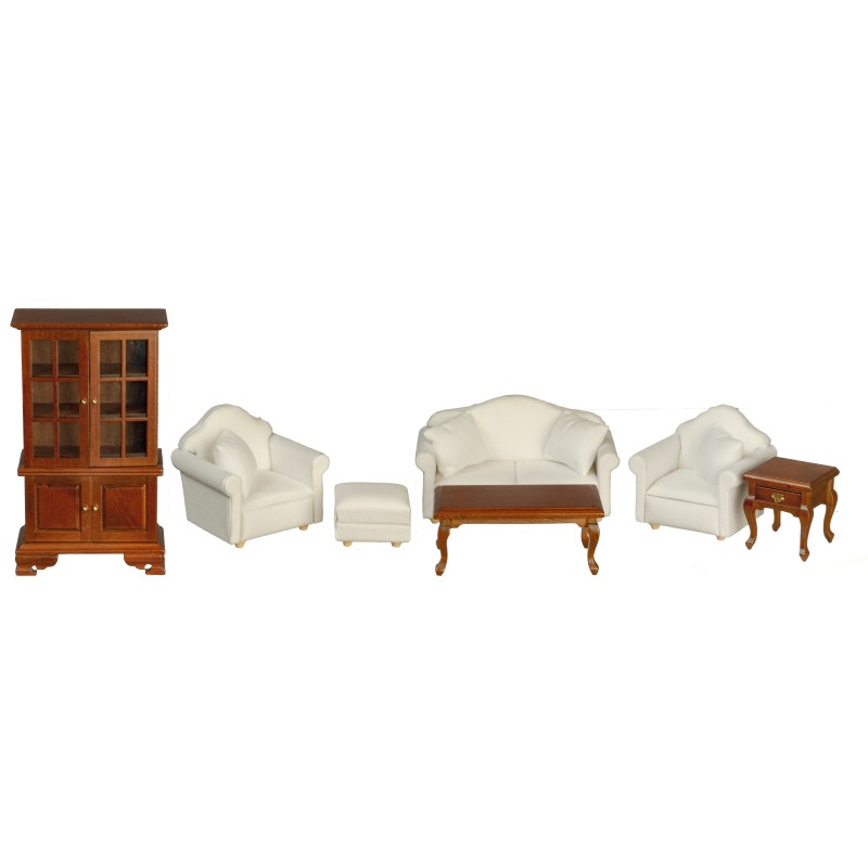 Dolls House Walnut & White Modern Living Room Furniture Set 7 Pieces 1:12 Scale