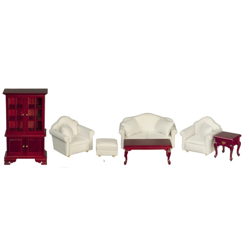 Dolls House Mahogany & White Modern Living Room Furniture Set 7 Pc 1:12 Scale