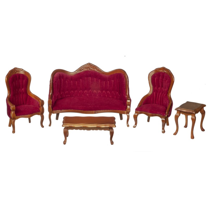 Dolls House Walnut & Red Victorian Living Room Furniture 5 Pc Set Miniature 1:12