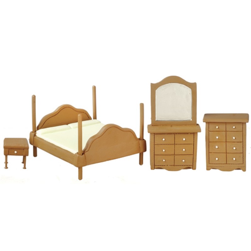 Dolls House Walnut Bedroom Furniture Set Suite 1:24 Half Inch Scale