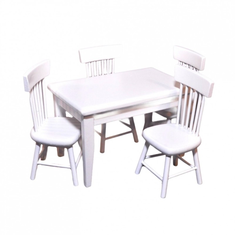 Dolls House White Table & 4 Chairs Miniature Kitchen Dining Room Furniture