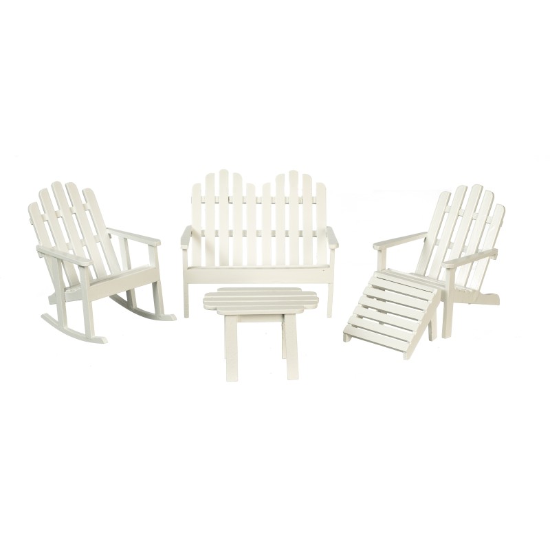 Dolls House White Patio Set Adirondack Miniature Wooden Garden Furniture 1:12