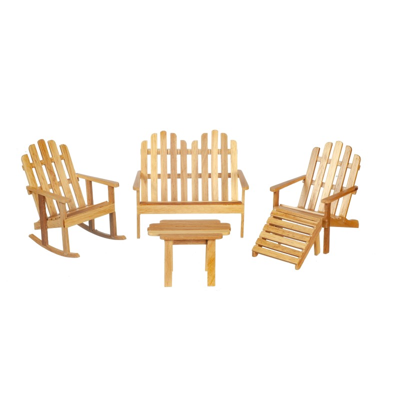 Dolls House Oak Patio Set Adirondack Miniature Wooden 5 pc Garden Furniture 1:12