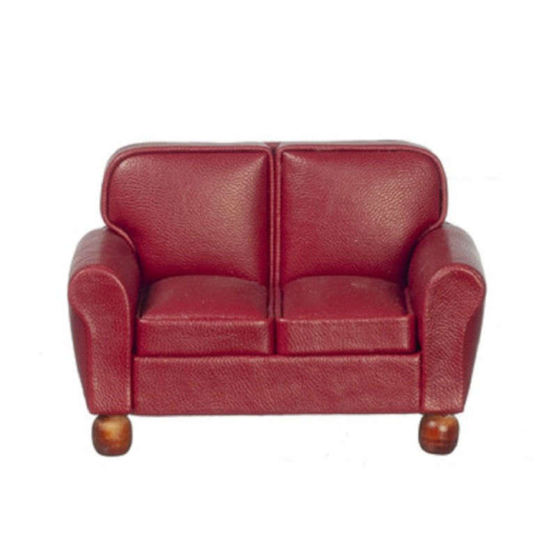 Dolls House RS Burgundy Leather 2 Seater Sofa Loveseat Living Room Furniture