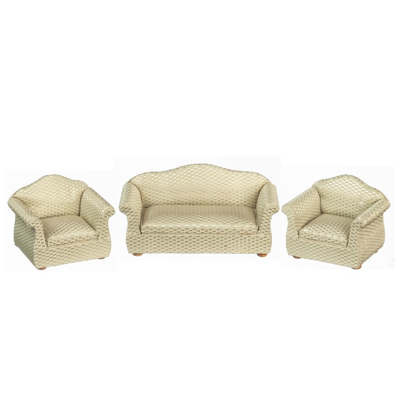 Dolls House Retro Gold Sofa and 2 Armchairs Miniature Living Room Furniture Set