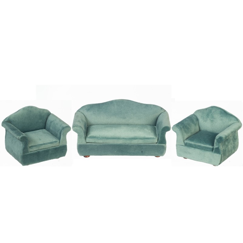 Dolls House Teal Velvet Sofa and 2 Armchairs Miniature Living Room Furniture Set