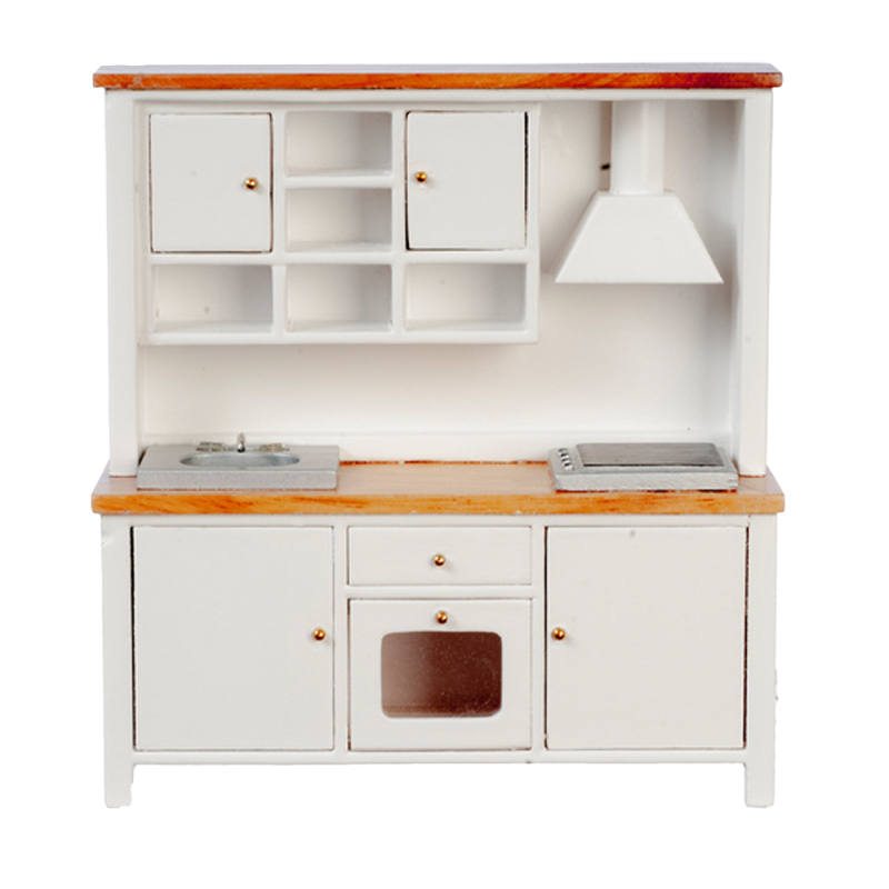 Dolls House White & Oak Complete Modern Kitchen Unit with Sink Oven Hob 1:12