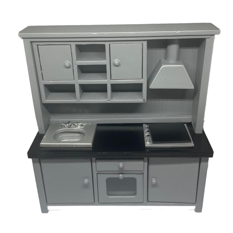 Dolls House Black & Grey Complete Modern Kitchen Unit with Sink Oven Hob 1:12