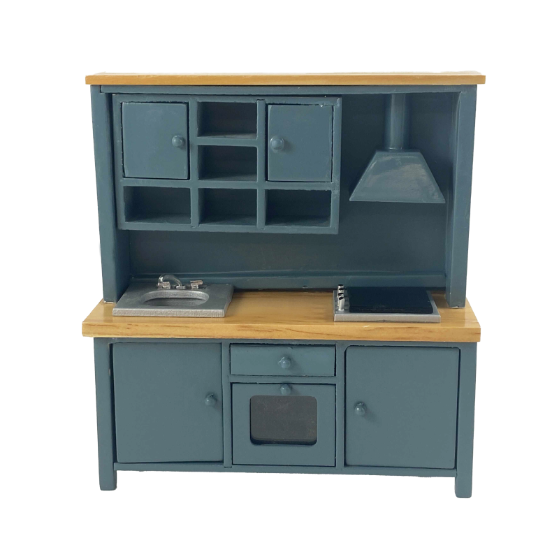 Dolls House Blue & Oak Complete Modern Kitchen Unit with Sink Oven Hob 1:12