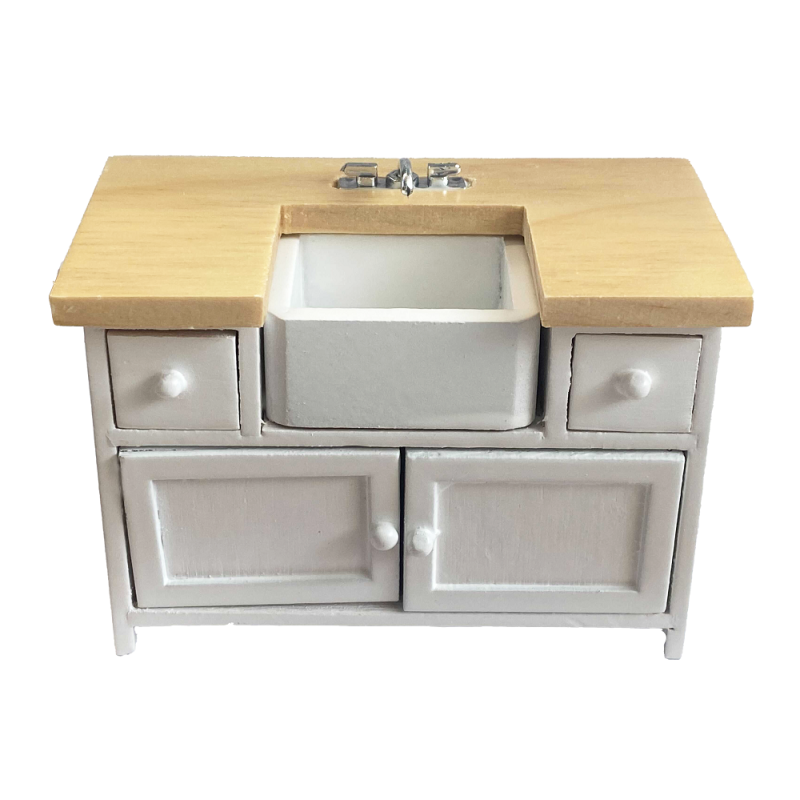 Dolls House White & Oak Modern Belfast Sink Unit Miniature Kitchen Furniture