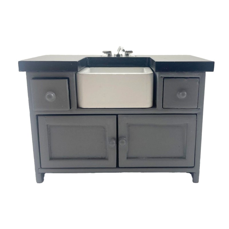 Dolls House Black & Grey Modern Belfast Sink Unit Miniature Kitchen Furniture