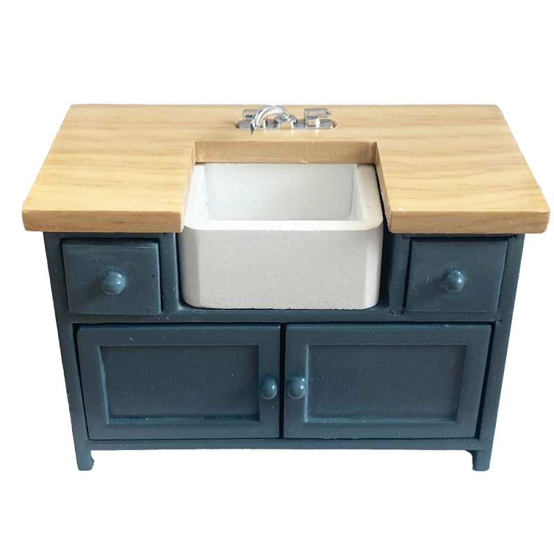 Dolls House Blue & Oak Modern Belfast Sink Unit Miniature Kitchen Furniture 1:12