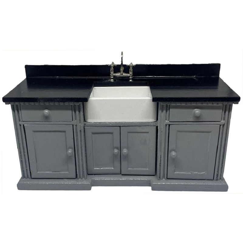 Dolls House Black & Grey Sink Unit with Belfast Sink Miniature Kitchen Furniture