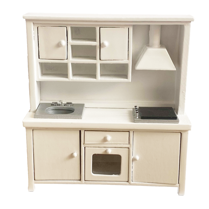Dolls House White & Silver Complete Modern Kitchen Unit with Sink Oven Hob 1:12