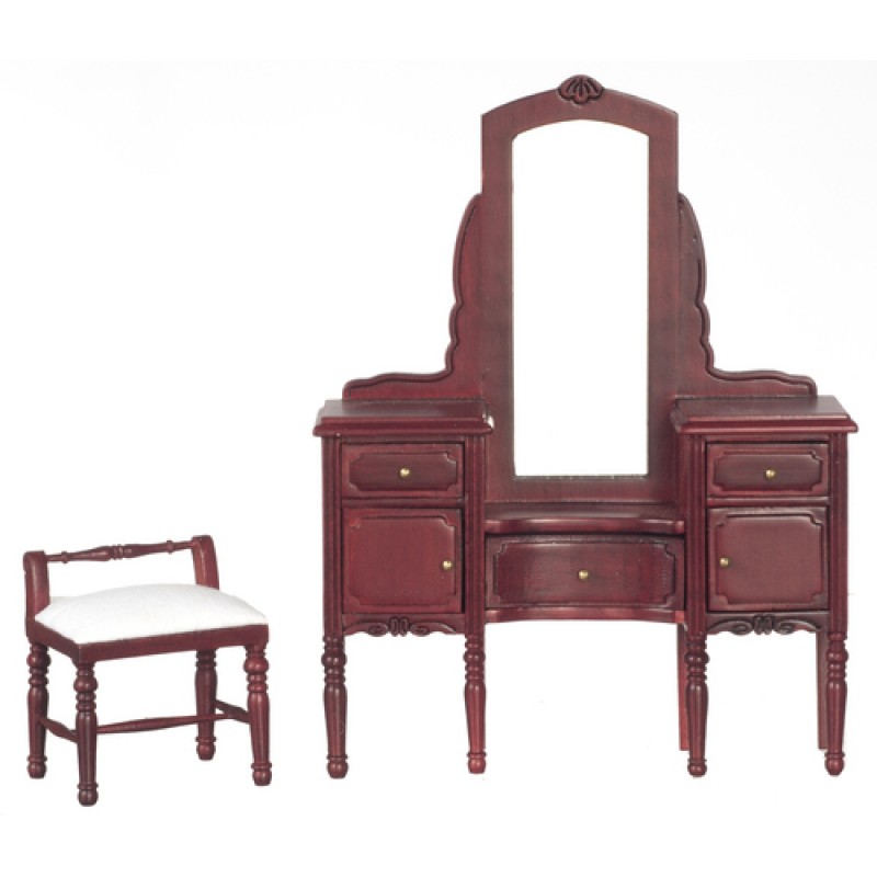 Dolls House Mahogany Vanity Dressing Table With Stool Miniature Bedroom Furniture