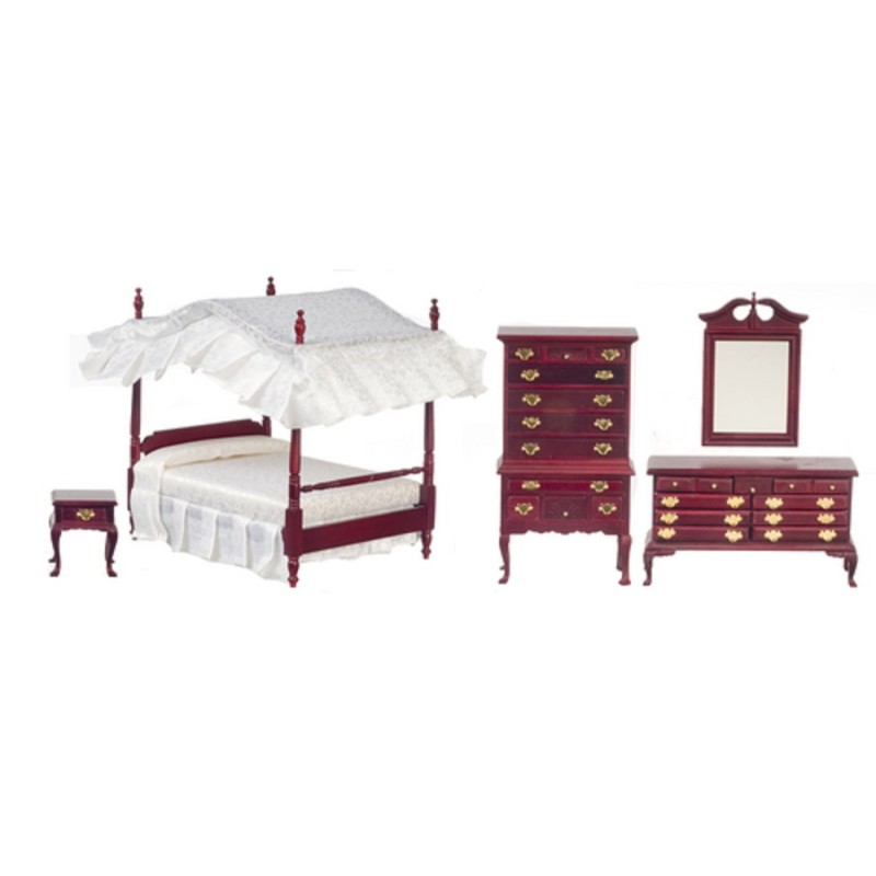 Dolls House Mahogany Victorian Bedroom Furniture Set with Canopy 4 Poster Bed