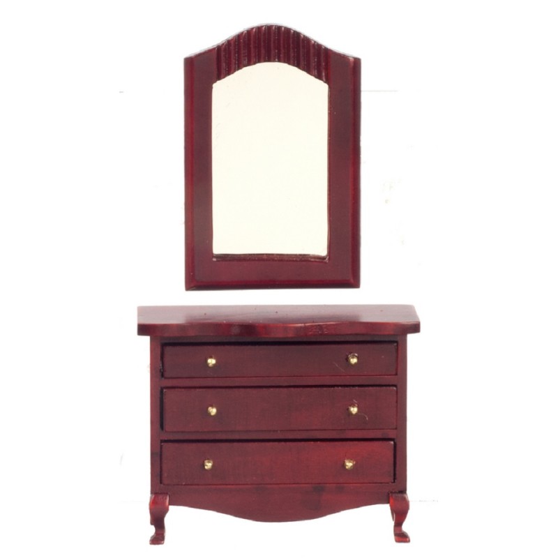 Dolls House Mahogany Chest of Drawers & Mirror Low Dresser Bedroom Furniture
