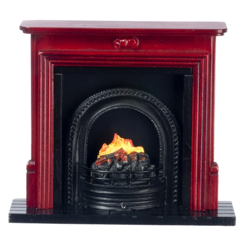 Dolls House Miniature Furniture Mahogany Fireplace with Fire in Black Grate