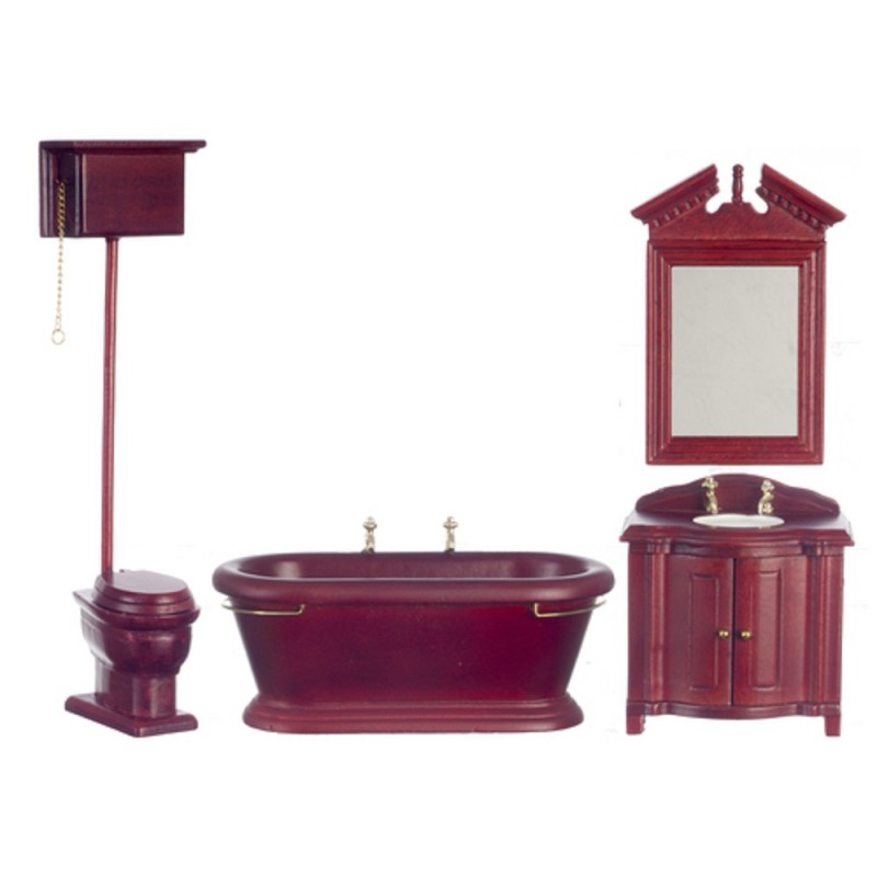 Dolls House Traditional Mahogany Wooden Bathroom Suite Furniture Set Miniature