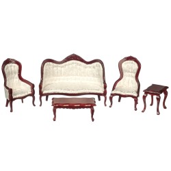 Dolls House Mahogany & White Victorian Living Room Furniture 5 Pc Set Miniature