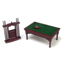 Dolls House Mahogany Pool Snooker Table & Cue Stand Set Pub Study Furniture