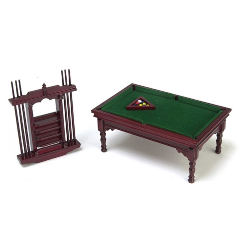Dolls House Mahogany Pool Snooker Table & Cue Stand Set Pub Study Furniture