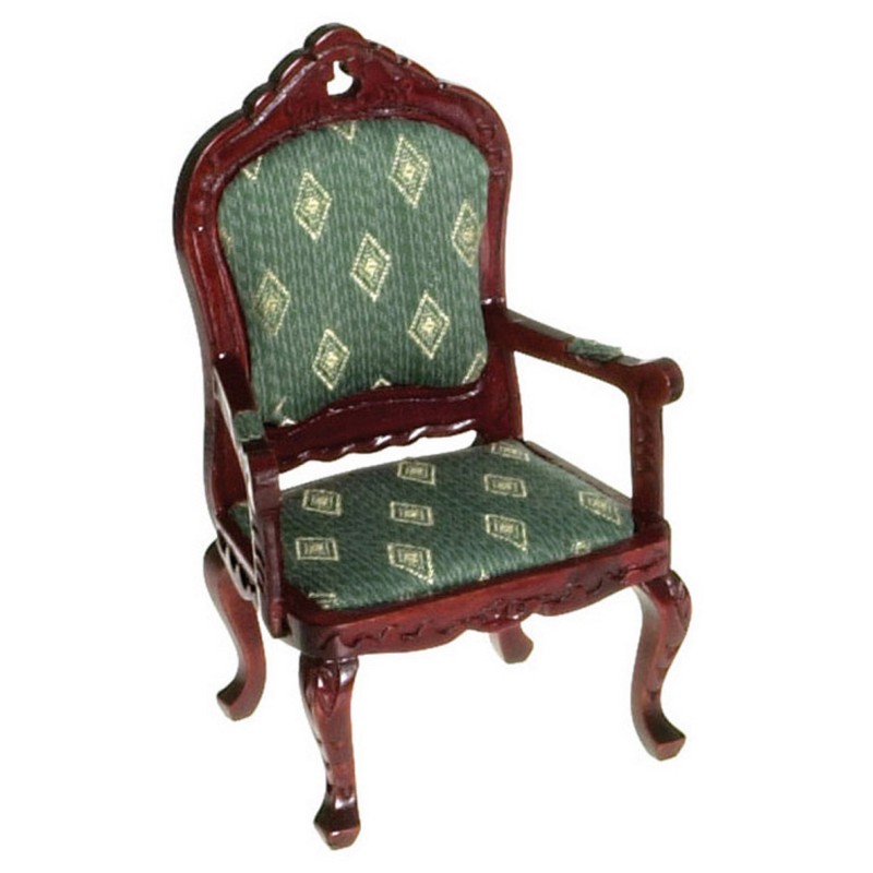 Dolls House Mahogany & Green Fauteil Armchair Victorian Living Room Furniture