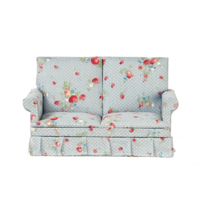 Dolls House Blue Grey Chintz Loveseat 2 Seater Sofa 1:12 Living Room Furniture