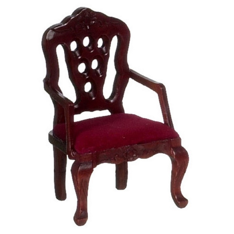 Dolls House Mahogany & Red Carved Back Arm Chair Victorian Living Room Furniture