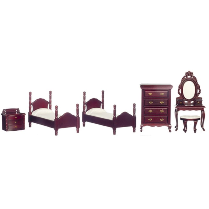 Dolls House Mahogany Bedroom Furniture Set Miniature with Twin Single Beds