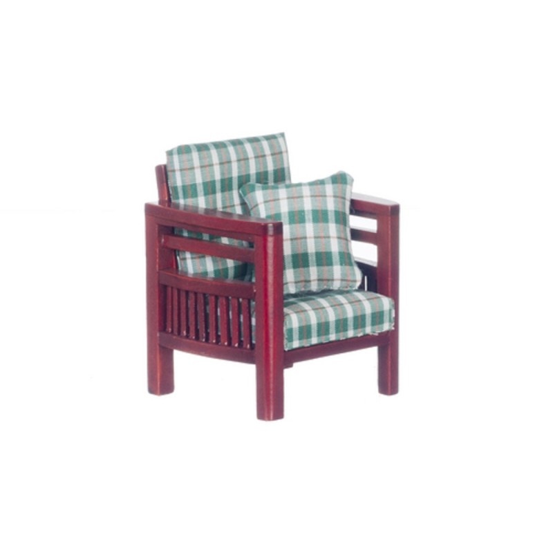 Dolls House Mahogany & Green Check Family Room Armchair Living Room Furniture